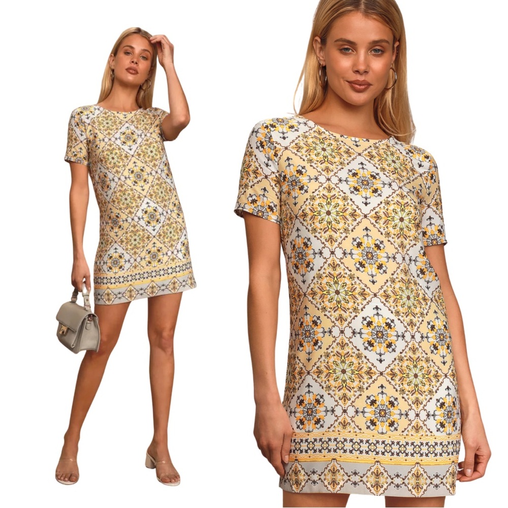 Lulus Dandy Lion Yellow Print Shift Dress, Size S NWT